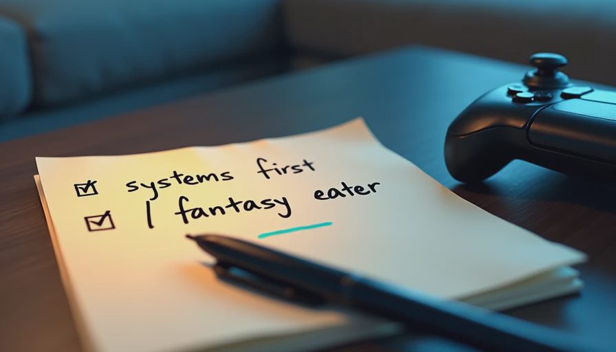 Handwritten note about systems-first design on a coffee table at night