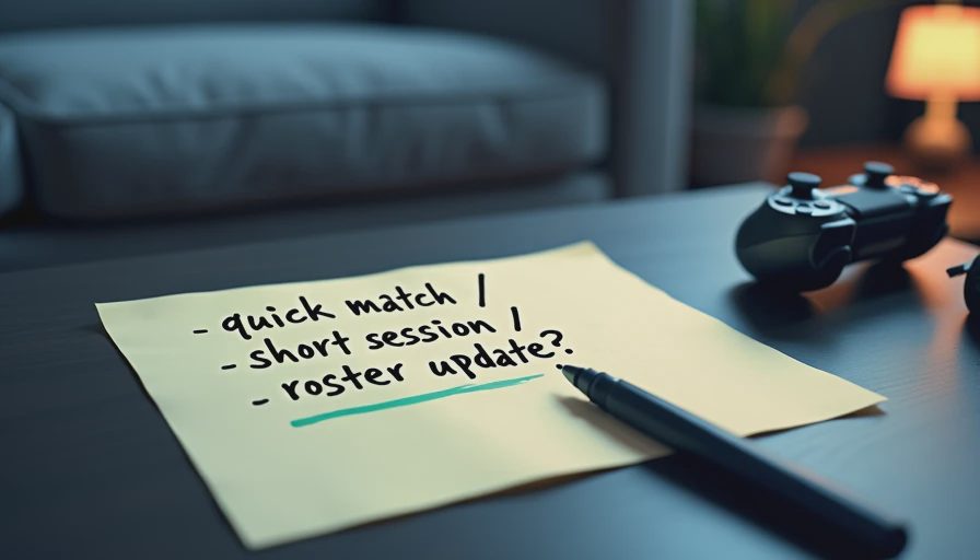 Handwritten casual-play checklist on a coffee table at night