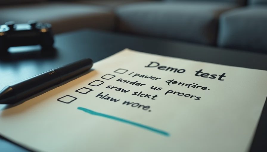 Handwritten demo-test checklist on a coffee table at night