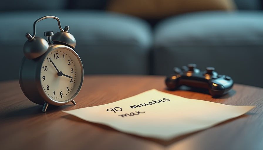 Kitchen timer and handwritten “90 minutes max” note on a coffee table at night