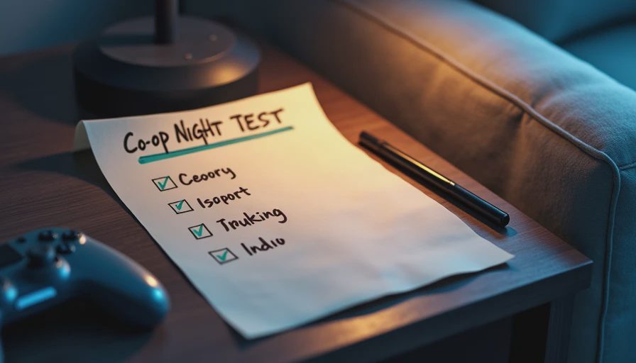 Handwritten co-op night test checklist on a side table with pen and soft lamp light