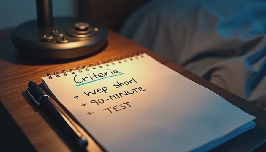 Handwritten 90-minute test checklist on a nightstand with pen and soft lamp light
