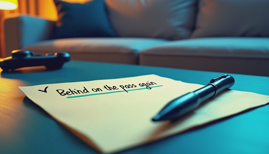 Handwritten note about being behind on a battle pass on a coffee table at night