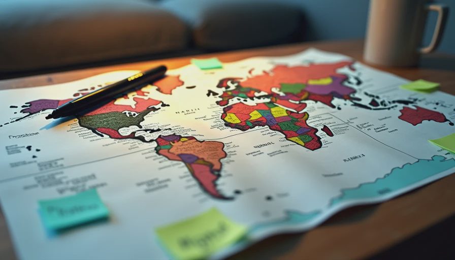 Open world map covered in markers and sticky notes on a coffee table at night