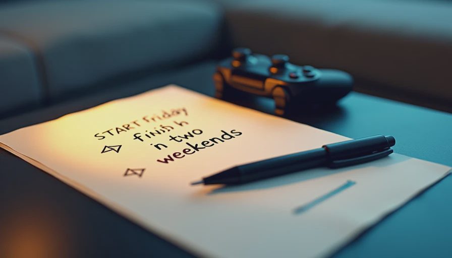 Handwritten note about finishing a game in two weekends on a coffee table at night