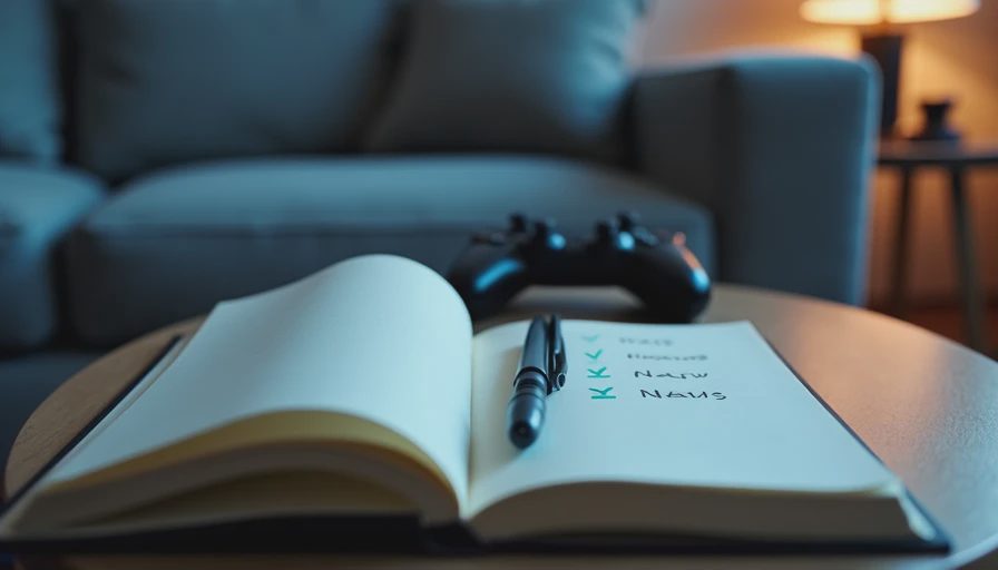 Handwritten daily survival checklist in a notebook on a coffee table at night