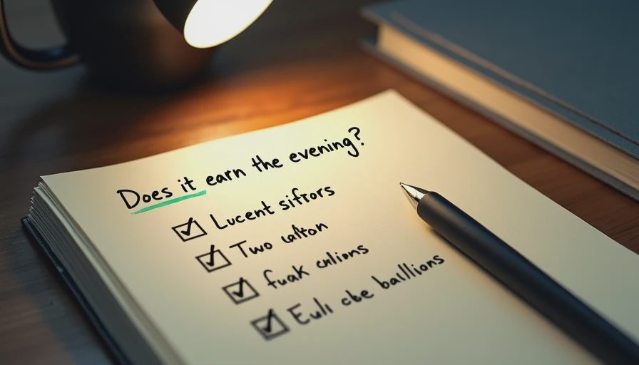 Handwritten checklist titled “Does it earn the evening?” on a desk with pen and soft lamp light