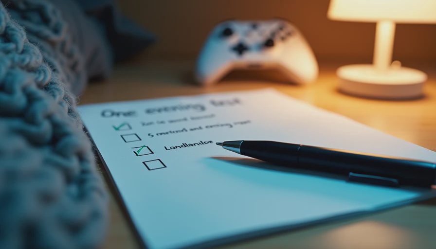 Handwritten one-evening test checklist on a nightstand with pen and lamp light
