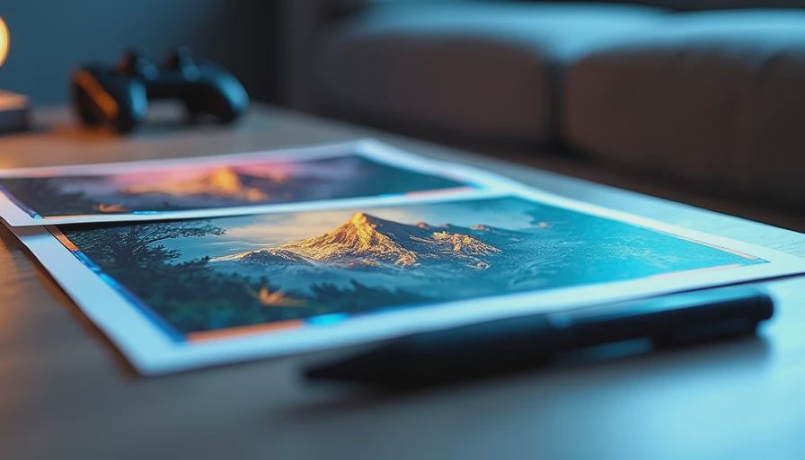 Two printed game screenshots side by side on a coffee table at night