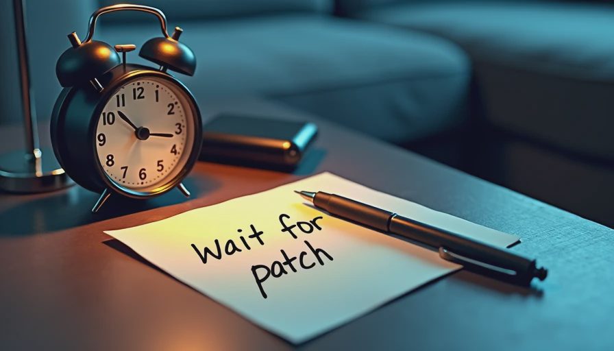 Clock and handwritten “wait for patch” note on a side table at night