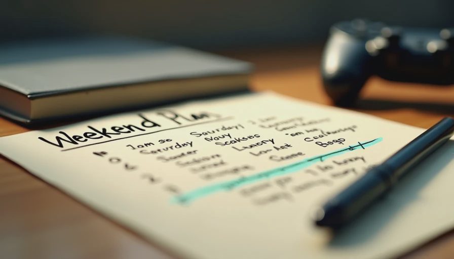 Handwritten weekend gaming schedule on a desk with pen and soft light