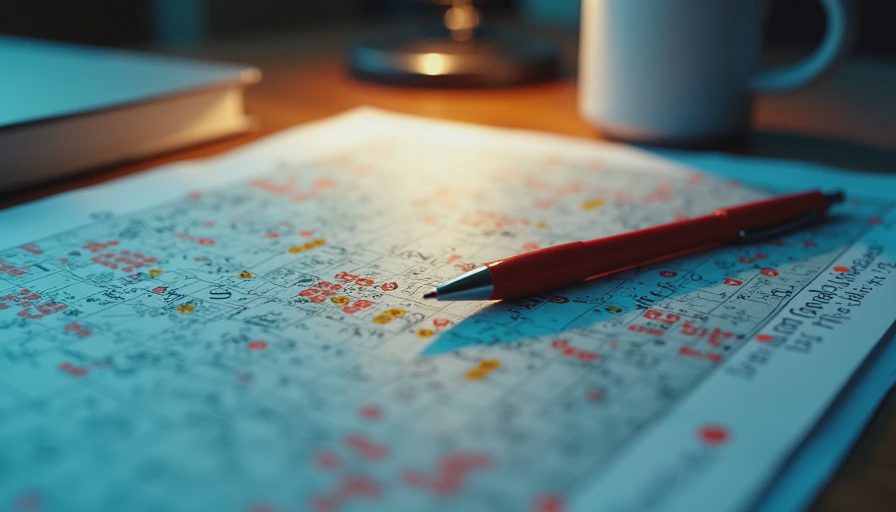 Dense open-world map covered in icons and checkmarks on a desk at night